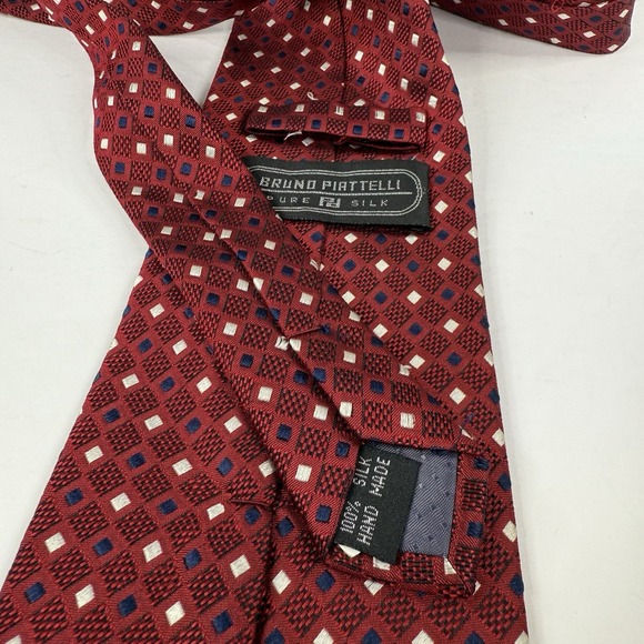 Bruno Piattelli Italian Pure Silk‎ Burgundy Red Blue White Geometric Print Tie - Picture 2 of 3